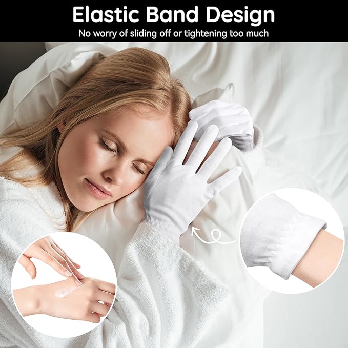 Segbeauty 12 Counts White Sleep Gloves, Hand Moisturizing Gloves with Elastic Band, 6 Pairs Cotton Moisturizing Gloves for Hands, Sleeping Gloves for Hand Overnight, White Cotton Gloves for Men Large