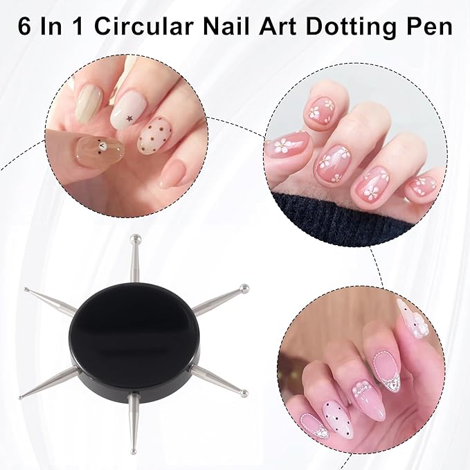 Nail Dotting Tool, 6-in-1 Metal Dotting Tool Nail Art, Circular Nail Design Dotting Pen, Ergonomic Dotting Disc for Manicure Embossing, Tracing, Painting - Black, 2pcs