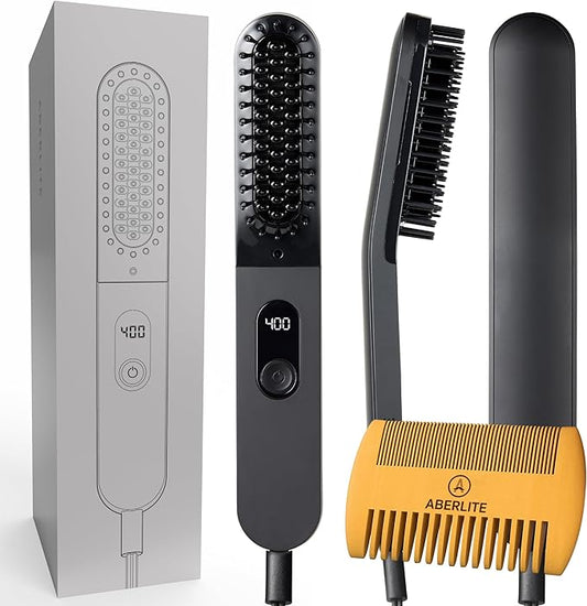 Aberlite Slim Beard & Hair Straightener - Anti-Scald Comb Tooth - Ionic Conditioning - Heated Brush - Straightening Comb for Men - for All Beard Types