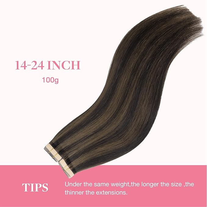GOO GOO Tape in Hair Extensions Human Hair, 2/6 Dark Brown Highlighted Chestnut Brown, 14inch 100g 40pcs, Skin Weft Seamless Invisible, Silky Straight with Thick Ends, Remy Human Hair
