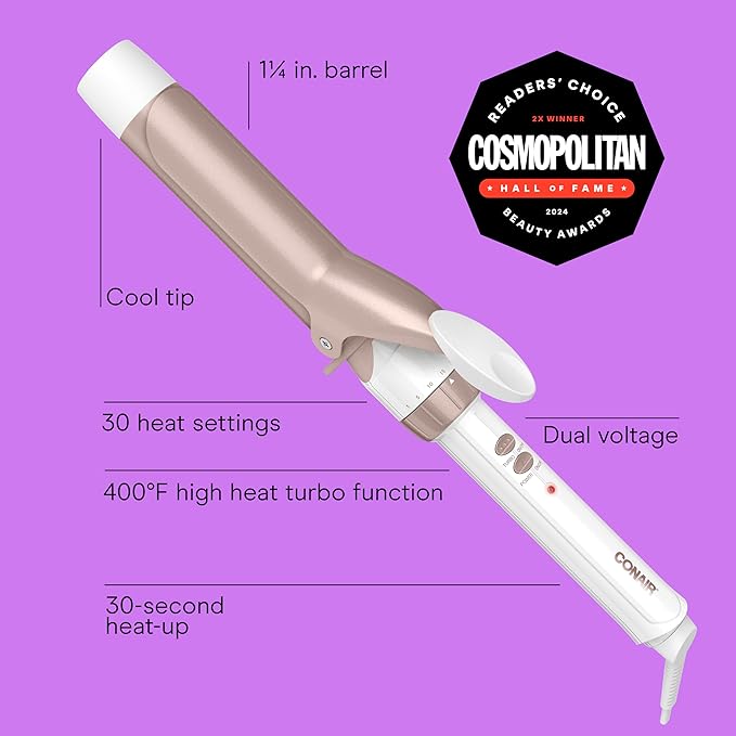 Conair Double Ceramic 1 ¼-Inch Curling Iron, 1 ¼-Inch Barrel Creates Loose Curls, Hair Curler for Use on Medium & Long Hair, White/Rose Gold