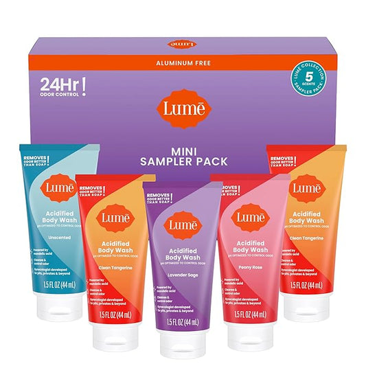 Lume Acidified Body Wash 5 Pack Minis - 24 Hour Odor Control - Moisturizing Formulated Without SLS & Parabens - 1.5 ounce Tubes (Clean Tangerine, Lavender Sage, Peony Rose, Toasted Coconut, Unscented)