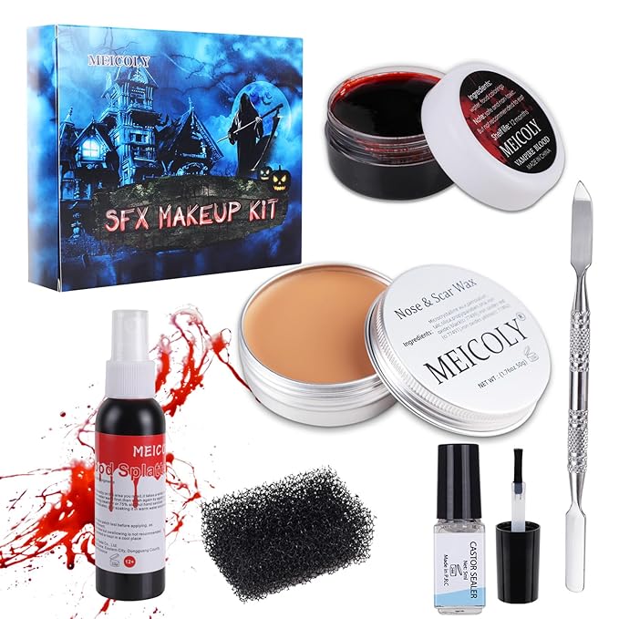 MEICOLY SFX Makeup Kit Scars Wax, Fake Blood Spray(2.1Oz) Halloween Special Effect Wound Modeling Skin Wax(1.67Oz) with Spatula, Black Stipple Sponge, Coagulated Blood Gel(1.06Oz),5ml Castor Sealer,02