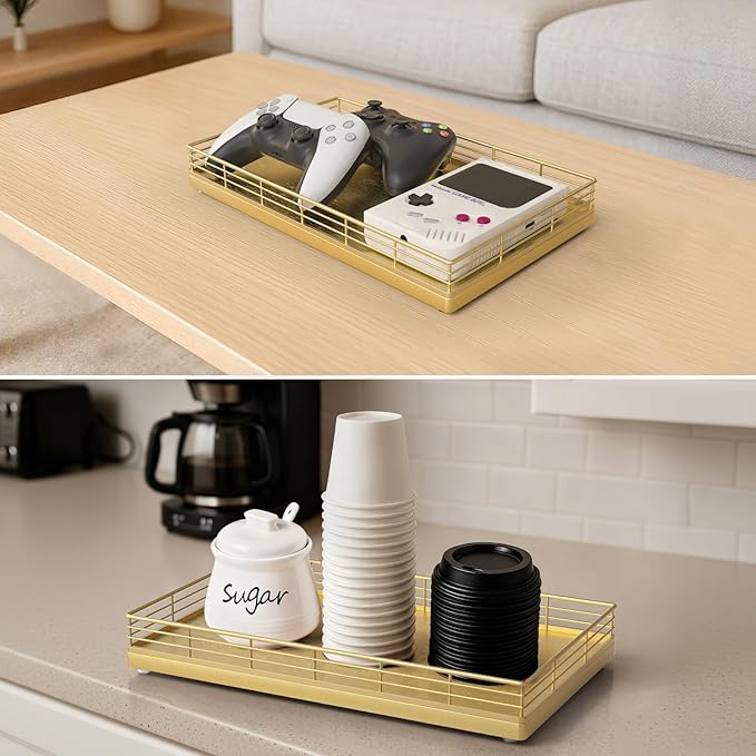 Large Bathroom Vanity Tray – 13" x 8" Oak Decorative Wooden Tray for Bathroom Countertop & Vanity Organizer, Rectangular Wood Tray for Perfume, Skincare, Storage, Vanity Dresser Counter Decor, Gold