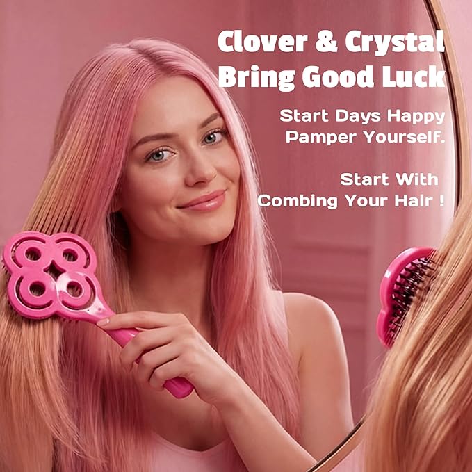 SIMETRA Lucky Hair Brush for Women, 14K Gold Plated Wet Brush Detangling Brush for All Hair Types, Natural Crystal Inlay Boar Bristle Hair brush, Curly Detangler HairBrush for Scalp Massage Gift