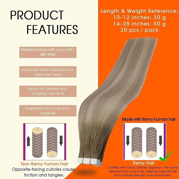 Full Shine Tape in Extensions Human Hair 20Inch Tape in Hair Extensions Balayage Color 8 Ash Brown Ombre 18 Ash Blonde And 60 Platinum Blonde Human Hair Extension 50G 20pcs Seamless Skin Weft Tape ins