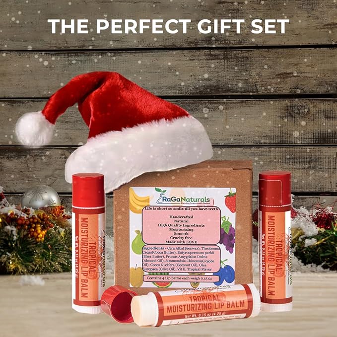 RaGaNaturals All Natural Tropical Moisturizing Lip Balm, Nourishing Lip Care For All Day Hydration, 100% Natural, Handmade with Love in USA, SuperFruit - Berries, Mango, Grapefruit (4 Pack)