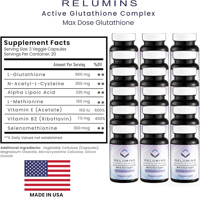 Relumins Advance White Active Glutathione Complex - Max Dose 900mg Glutathione with 6X Boosters, ALA & NAC - Anti-Aging & Skin Brightening Supplement for Self-Care - 60 Caps x 30 Bottles