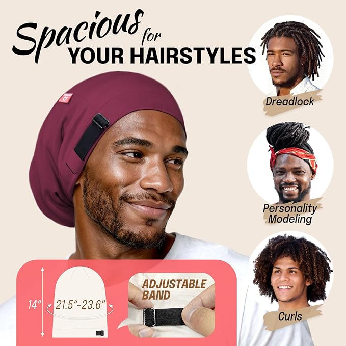 Large Satin Bonnet for Men Sleeping: Loc Cap Dreadlocks for Curly Braids, Silky for Frizzy Hair Smooth, Adjustable Claret