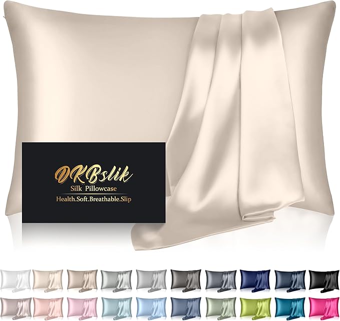 Silk Pillowcase for Hair and Skin, Mulberry Silk Pillow Cases Standard Size Anti Acne Cooling Beauty Sleep Both Sides Natural Silk Satin Pillow Covers with Hidden Zipper, Gifts for Women Men, Beige