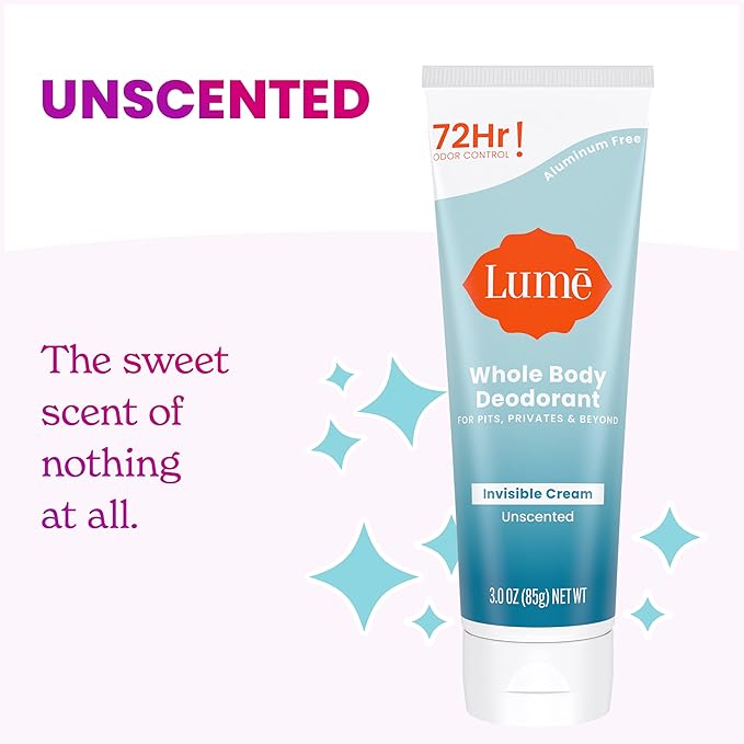 Lume Whole Body Deodorant - Invisible Cream Tube - 72 Hour Odor Control - Aluminum Free, Baking Soda Free, Skin Safe - 3.0 ounce (Pack of 2) (Unscented)