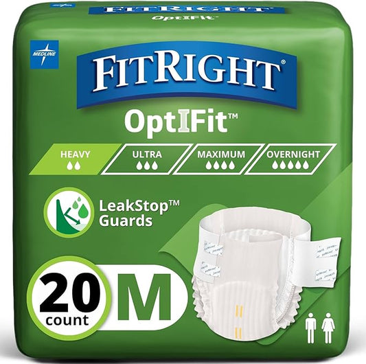 FitRight Extra+ Adult Diapers, Disposable Incontinence Briefs, Leak-Proof Diaper, Absorbent Briefs For Men and Women, Maximum Protection, Medium, 32 – 44 in, 20 briefs per bag