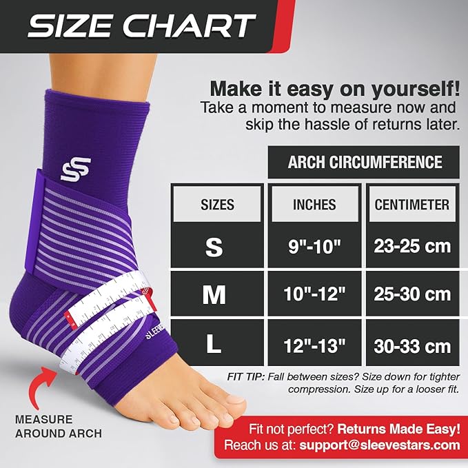 Sleeve Stars Ankle Brace for Women & Men, Ankle Wrap for Sprained Ankle, Compression Sleeve for Plantar Fasciitis Relief, Easy Customizable Support: w/Removable Strap (Single/L:12"-13"/Dark Purple)