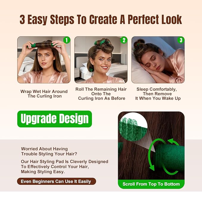 BLAAROOM Overnight Heatless Hair Curler, Upgraded with Hair Pad Grippers Satin Jumbo Flexi Blowout Curls Rods, 3pcs No-Heat Styling Tools Curling Rod to Sleep in for All Hair Types - Green