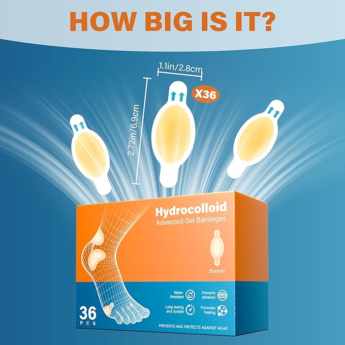 36pcs Hydrocolloid Gel Blister Bandages Pads Waterproof Adhesive Blisters Bandages - Blister Pads for Heel, Foot, Toe, Feet - Gel Blister Chshions for Prevention & Recovery (Bunion Pack, Count, 36)