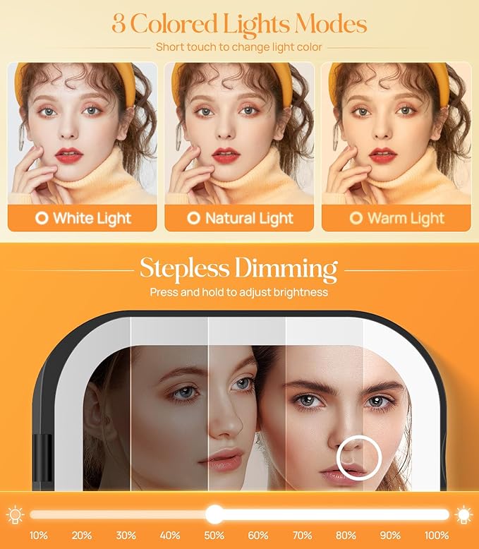 Gospire Lighted Compact Mirror with Light and Magnification 1X/3X, Stepless Dimming and Three-Color Adjustable Lights, Rechargeable Battery and Small Mirror for Purse and Travel - Black