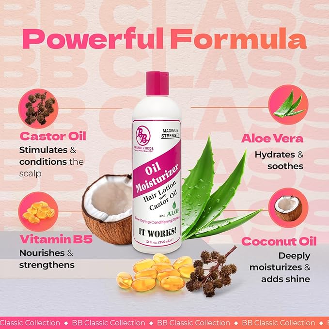 Bronner Bros BB Oil Moisturizer Hair Lotion for Damaged Hair, Scalp Stimulator with Castor Oil, Aloe Vera, Vitamin B5 & Coconut – Alcohol-Free Formula, Natural & Relaxed – 12oz