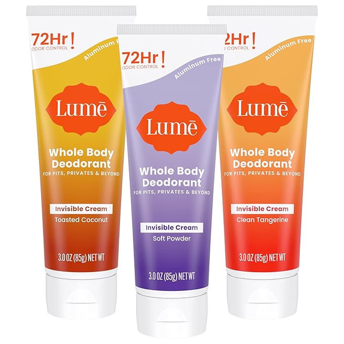 Lume Whole Body Deodorant - Invisible Cream Tube - 72 Hour Odor Control - Aluminum Free, Baking Soda Free, Skin Safe - 3.0 ounce (Pack of 3) (Toasted Coconut, Soft Powder & Clean Tangerine)