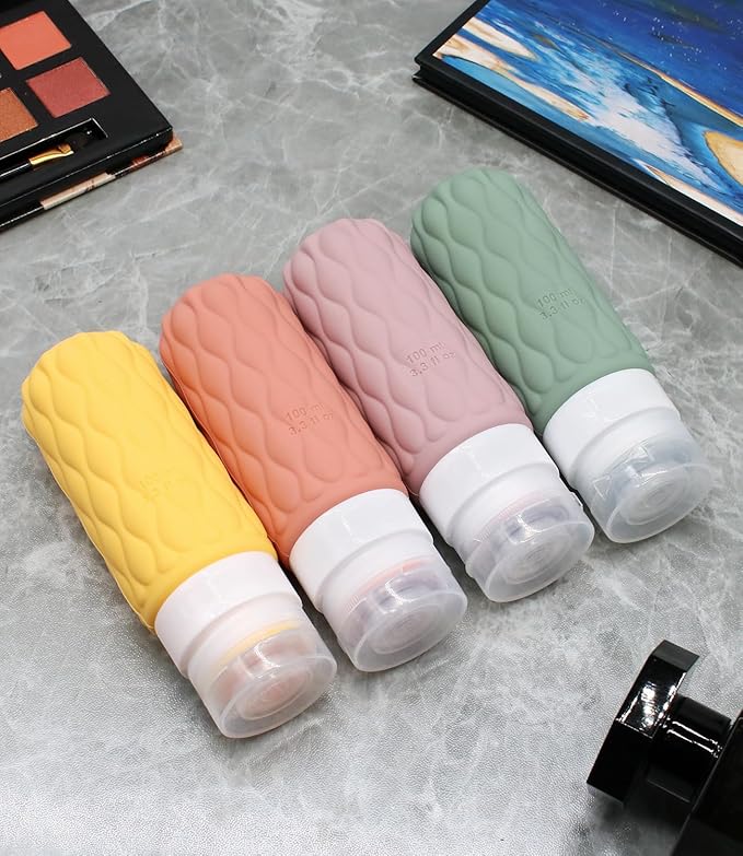 100 ml Silicone Travel Bottles for Toiletries with Labels/Clear Bag, Holiday Travel Essentials Leakproof Refillable Squeeze Travel Size Containers Set for Shampoo and Conditioner