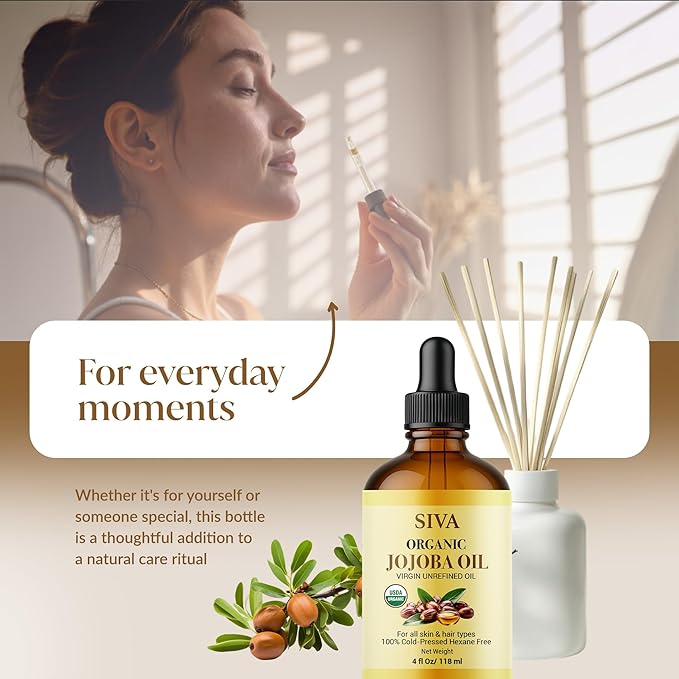 Siva Jojoba Organic Oil 4oz (118ml) Premium Cold-Pressed 100% Natural Organic Carrier Oil with Dropper for Face, Skin Care, Body Massage, Hair Care, Hair Oiling & Scalp Massage
