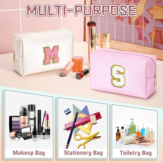 TOPEAST Initial Makeup Bag, Birthday Gifts for 4 5 6 7 8 9 10 11 12 Year Old Teen Girls, Personalized Preppy Cosmetic Bags Toiletry Bag (Pink A)