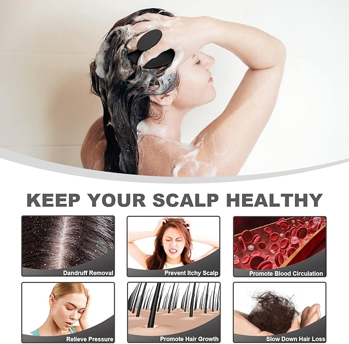 Silicone Scalp Massager Shampoo Brush, Scalp Brush for Hair Growth & Dandruff Removal, Hair Scrubber Scalp Stimulator Exfoliator Brush with Soft Bristles for Wet Dry Scalp Care (Black)