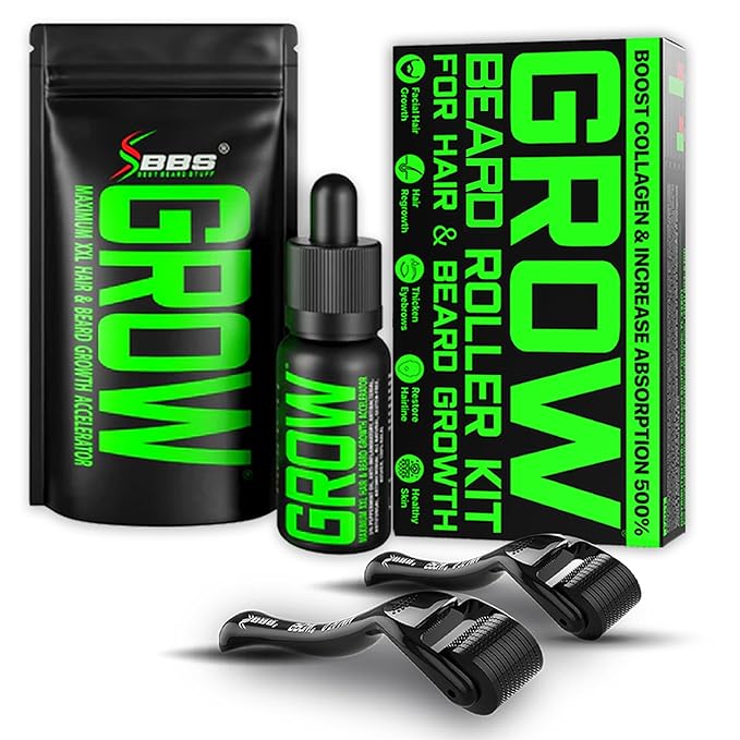 Beard Growth Oil with Facial Derma Roller (2-Pack Hair Follicle Stimulators) – 540 Titanium Rollers for All Skin Types – Fills Patches, Boosts Growth, Thickens Beard for Fuller Facial Hair