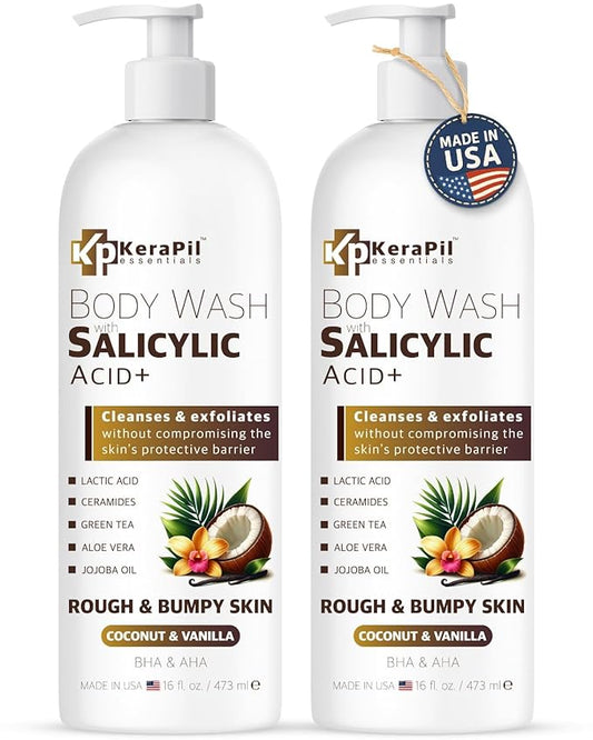 KERAPIL Exfoliating Body Wash with Salicylic Acid - No Dry Out, Gentle Exfoliates Rough and Bumpy Skin, Body Acne Wash, BHA & AHA - Coconut and Vanilla Salicylic Acid Body Wash - (16 fl oz x 2)