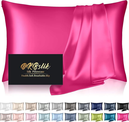 Silk Pillowcase for Hair and Skin, Mulberry Silk Pillow Cases Standard Size, Anti Acne Cooling Sleep Both Sides Natural Silk Satin Pillow Covers with Hidden Zipper, Gifts for Women Men, Hot Pink