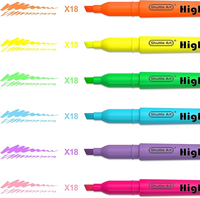 Shuttle Art 108 Pack Highlighters, Highlighters Assorted Colors Set, 6 Bright Colors Chisel Tip Dry-Quickly Non-Toxic Highlighter Markers Bulk for Adults Kids Highlighting in Home School Office