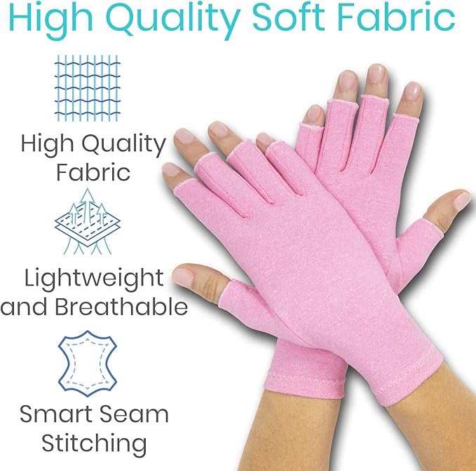 Vive Pink Arthritis Hand Compression Gloves - Comfortable Fit for Men and Women - Open Finger for Rheumatoid, Osteoarthritis and Computer Typing Pain - Carpal Tunnel Support - Moisture Wicking Fabric