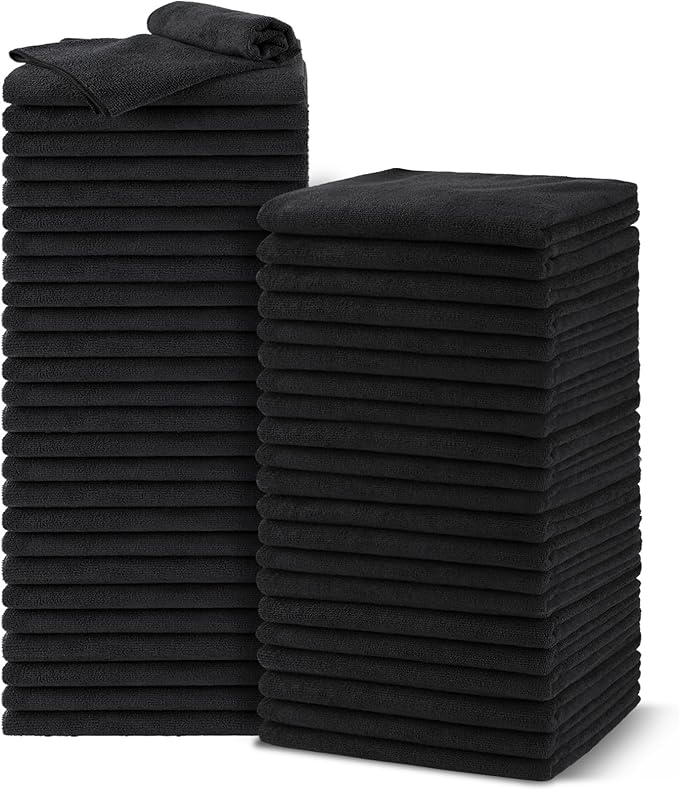 Salon Towels 48 Pack, Microfiber Barber Towel Bulk,(16x29 inches) Fast Drying Hair Towels Super Soft Black Hnad Towels for Gym, Salon, Bath, Spa Use and Home Hair Care(Not Bleach Proof)