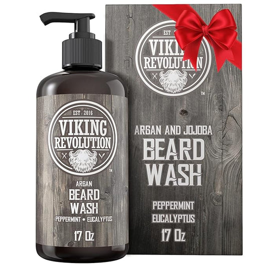 Beard Wash Shampoo w/Argan & Jojoba Oils - Softens & Strengthens - Natural Peppermint and Eucalyptus Scent - Beard Shampoo w/Beard Oil (17 oz Shampoo)