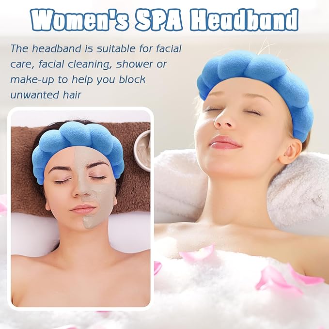 Zkptops Spa Headband for Washing Face Wristband Set Sponge Makeup Skincare Terry Cloth Bubble Soft Get Ready Hairband for Women Girl Puffy Padded Headwear Non Slip Thick Hair Accessory(Dark Blue)