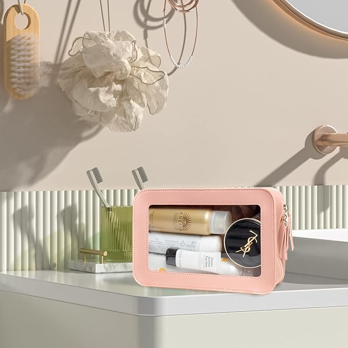 LETGO Clear Makeup Bag, TSA Approved Toiletry Organizer With Zipper, Fit Carry-on Travel Essentials, Cosmetic Bag for Women Men (O-Pink)