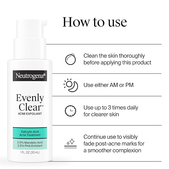 Neutrogena Evenly Clear Acne Exfoliant with Salicylic Acid & Mandelic Acid, Multi-Acid Exfoliating Treatment Serum Visibly Fade the look of Post-Acne Marks for A Smooth, Even Skin Tone, 1 fl. oz