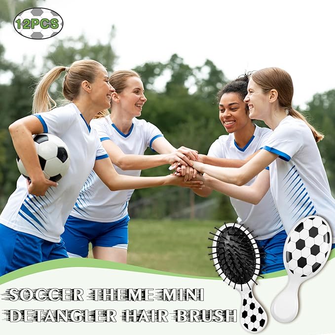 12 Pcs Soccer Mini Detangler Brush, Mini Travel Hair Brush, Bristles Plastic Detangling Brush, No Tangle Soft Flexible Bristles for Straight, Curly, Thick Hair for Soccer Team Gift Sport Party