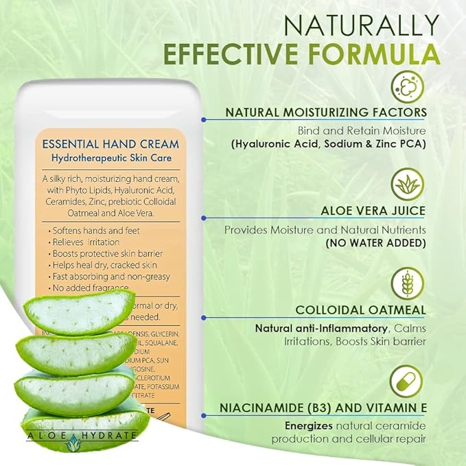 Essential Hand Cream, Working Hands to Repair, Soften & Smooth Dry Hands & Feet, Cuticles & Cracked Skin. Non-Greasy Hand Lotion: Aloe, Oatmeal, Ceramide, Hyaluronic acid, Jojoba Oil, Squalane Oil