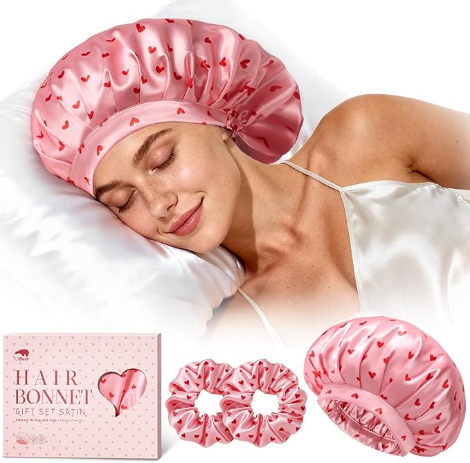 LitBear Silk Satin Bonnet for Sleeping Women, Adjustable Double Layer Hair Bonnet with Scrunchies for Curly Natural Hair, Non Slip Softer Night Sleep Cap