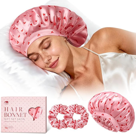 LitBear Silk Satin Bonnet for Sleeping Women, Adjustable Double Layer Hair Bonnet with Scrunchies for Curly Natural Hair, Non Slip Softer Night Sleep Cap