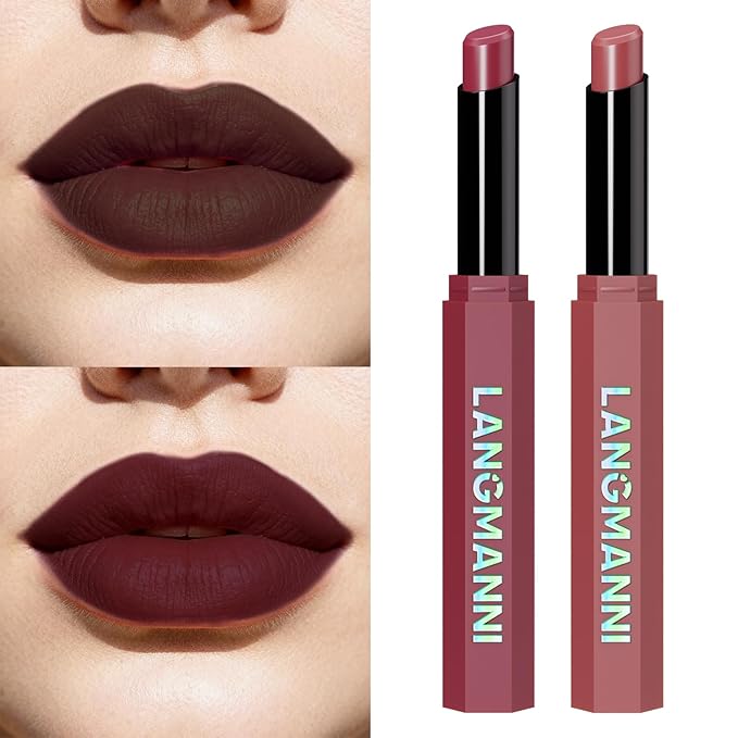 Jolilab 2Pcs Velvet Matte Lipstick Nude Matte Soft Dark Color Stick High Pigmented Long-Lasting Waterproof Lip Stick Lip Balm Beauty Cosmetics Gift for Women(#11+12)