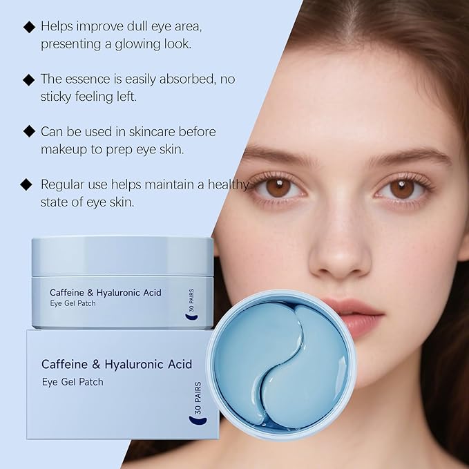 Caffeine Under Eye Patches,60 Korean Hydrogel Masks to Reduce Dark Circles, Puffiness & Bags-Morning Brightening Hydrating Cooling with Hyaluronic Acid-Vegan, No Fragrance