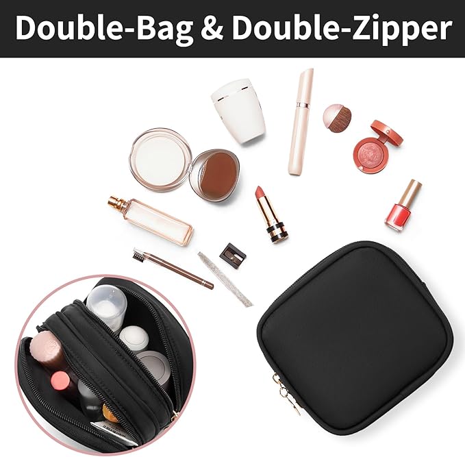 2PCS Small Makeup Pouch, Double Zipper Cosmetic Bag, Travel Makeup Bag, Cute Makeup Bag for Purse, Mini Toiletry Bag (Black+White)