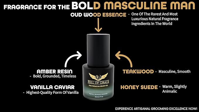 FULL OF GRACE Premium Beard Oil, Organic And Natural, With 22 Ingredients Including Argan, Jojoba, Abyssinian To Condition, Hydrate Beard And Moisturize Facial Skin | Fragrance: Oud | 30ml/1 fl oz