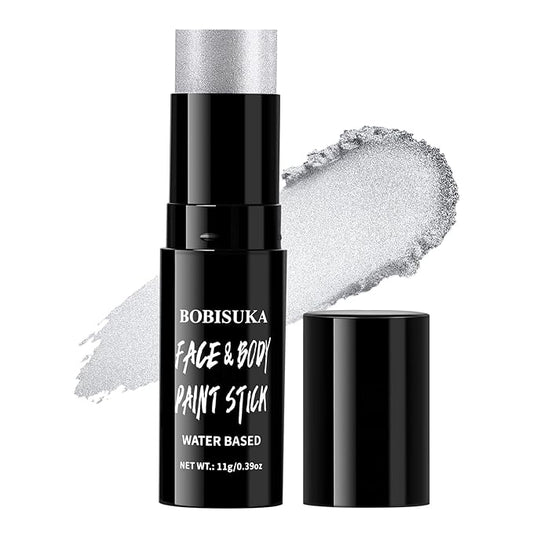 BOBISUKA Metallic Silver Face & Body Paint Stick Water-Based Washable Face Paint Makeup Stick for Halloween Skull, Goth, Robot, Ice Queen, Galaxy, Cosplay, SFX, Sports Eye Black & Costume Party