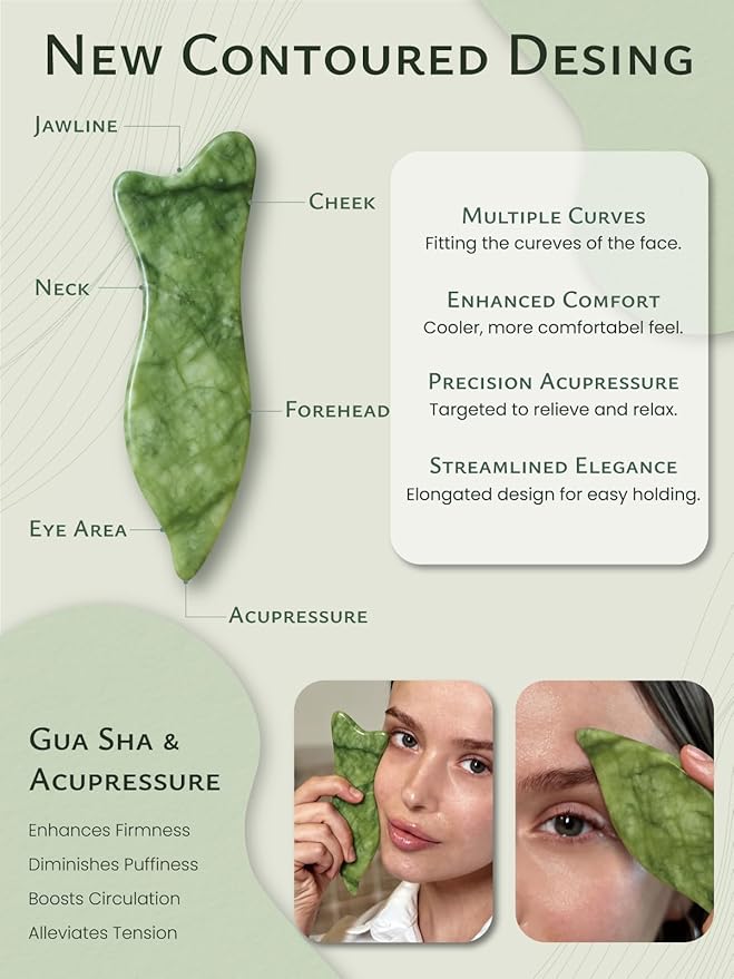 Rena Chris Natural Jade Gua Sha Facial Tools - Acupressure & Gua Sha for Face Massage, Jawline Sculpting, Puffiness Reduction, Skin Care Tool (Green)