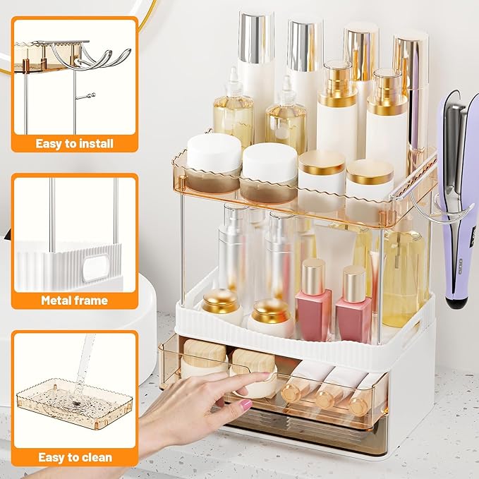 Bathroom Counter Organizer with Hairdryer Holder, 2-Tier 2-Drawer Shower Organizer for Skincare, Makeup Cosmetics, 5-Section Large Capacity Vanity Organizer, Bathroom Decor (Amber)