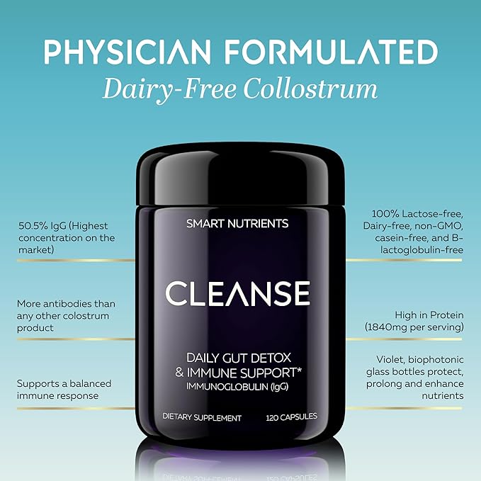 CLEANSE Limited Edition | IgG Dairy-Free Colostrum | 50.5% IgG Concentrated Immune Support | Daily Gut Health Detox, Energy, Prebiotic, Digestive Support | 120 Capsules | 30 Day Supply, 1-Pack