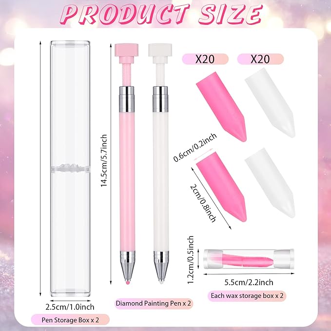 Jutom 2 Pack Diamond Painting Pens with 40 Replacement Wax Pink Wax Diamond Art Accessory with Protective Case Art Pen Tool for Nail DIY Painting Craft Gem(Solid)