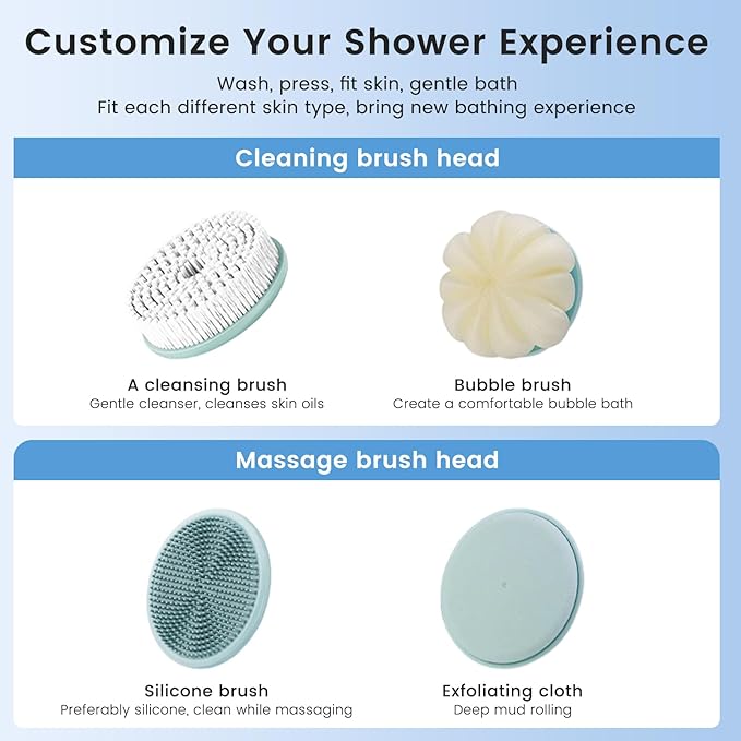 Electric Back Scrubber for Shower - Waterproof Rechargeable Exfoliating Brush for Deep Cleansing, Soft Bristles for Sensitive Skin, Dry/Wet Use for Back, Arms & Legs (Blue)